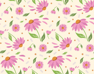 Seamless floral pattern featuring Echinacea and green leaves on a soft light background. Perfect for use in textile design, invitations, wallpapers, and digital projects.