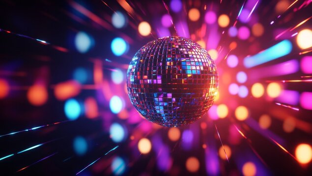 A vibrant disco ball, enveloped in a burst of colorful light trails, creates a dynamic and energetic atmosphere - Powered by Adobe