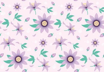 Illustrated floral seamless pattern featuring Passionflower and green leaves on a light background. Perfect for wallpapers, fabric designs, or backgrounds emphasizing nature-inspired aesthetic.