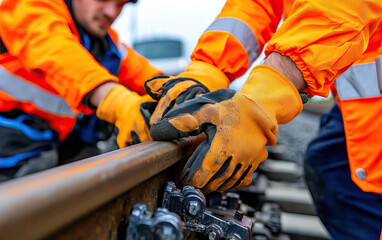 Workers in bright orange safety gear are securing railway tracks with gloves, showcasing teamwork and diligence