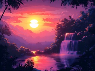 Sunset Paradise: A breathtaking illustration showcases a tropical landscape at sunset, featuring a cascading waterfall, serene lake, lush vegetation, and majestic mountains under a vibrant.
