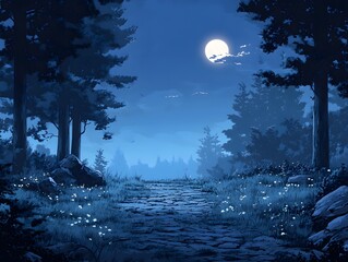 Serene Night Forest: A mystical moonlit forest scene, showcasing a winding stone path that leads towards a distant, radiant full moon, amidst towering trees and an ethereal glow.