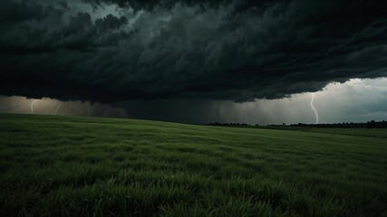 Dramatic thunderstorm over green field with dark clouds and lightning