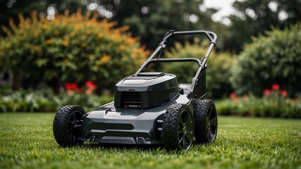 Modern lawn mower in lush garden setting for outdoor maintenance concepts
