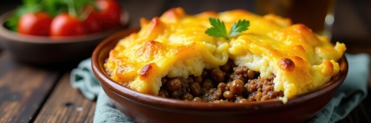 Ground beef and mashed potatoes in a shallow baking dish, shepherd's pie, chunky