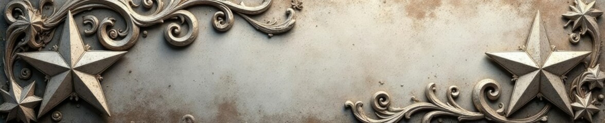 Grunge paper texture with embossed silver star and swirls, grunge paper texture, ornate, metallic
