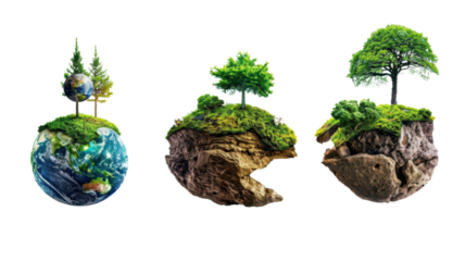 Planet earth and floating islands showing environmental conservation with transparent background