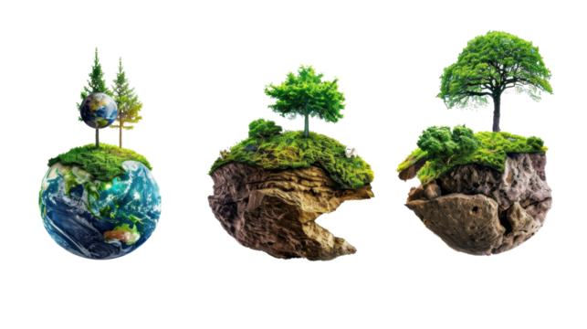 Planet earth and floating islands showing environmental conservation with transparent background