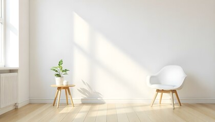 Empty room with a wooden floor, a white wall, a white chair, and a small table with a plant on top