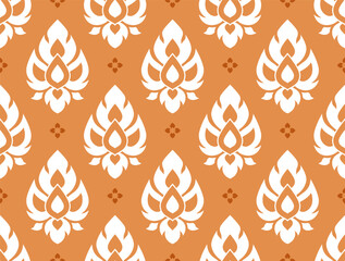 Seamless Ornamental traditional Thai pattern on an orange background. This symmetrical artwork is perfect for wallpapers, gift wrapping, and textile designs.