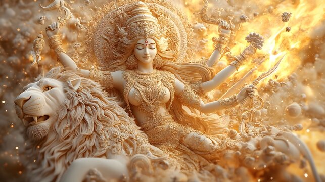 A powerful 3D image of Goddess Durga in her slaying pose, with multiple arms holding weapons, riding her lion, in a dramatic battle scene.