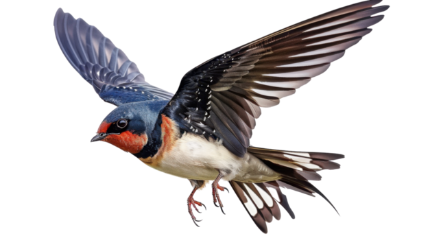Barn swallow gliding with open wings on transparent background