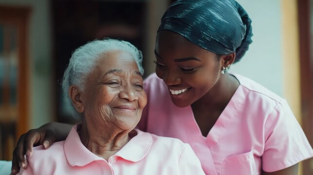 Caring nurse smiles warmly at elderly woman in a cozy indoor setting, showcasing compassion and connection