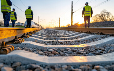 Naklejka premium Railway workers in safety vests inspecting tracks during sunset, showcasing teamwork and dedication to infrastructure