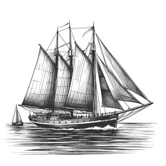 Black sailing ship illustration in ink style.
