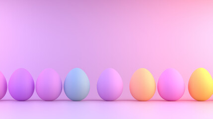 Fototapeta premium A gradient of vibrant pastel eggs lines up against a soft pink-to-yellow backdrop, embodying balance, contrast, and modern minimalism.