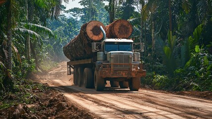 A logging truck loaded with massive tree trunks drives along a muddy dirt road deep in the rainforest, leaving a trail of disturbed earth behind.
