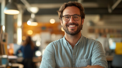 Fototapeta premium smiling leader exudes confidence and optimism, guiding team in modern workspace filled with creativity and collaboration
