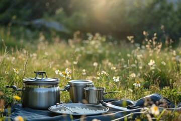 Camping cooking equipment  nature field tranquility.