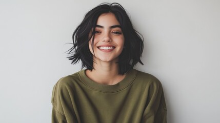 Young woman with short dark hair smiling warmly against a plain background, exuding a cheerful and approachable vibe