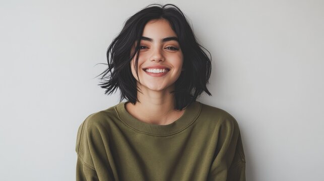Young woman with short dark hair smiling warmly against a plain background, exuding a cheerful and approachable vibe