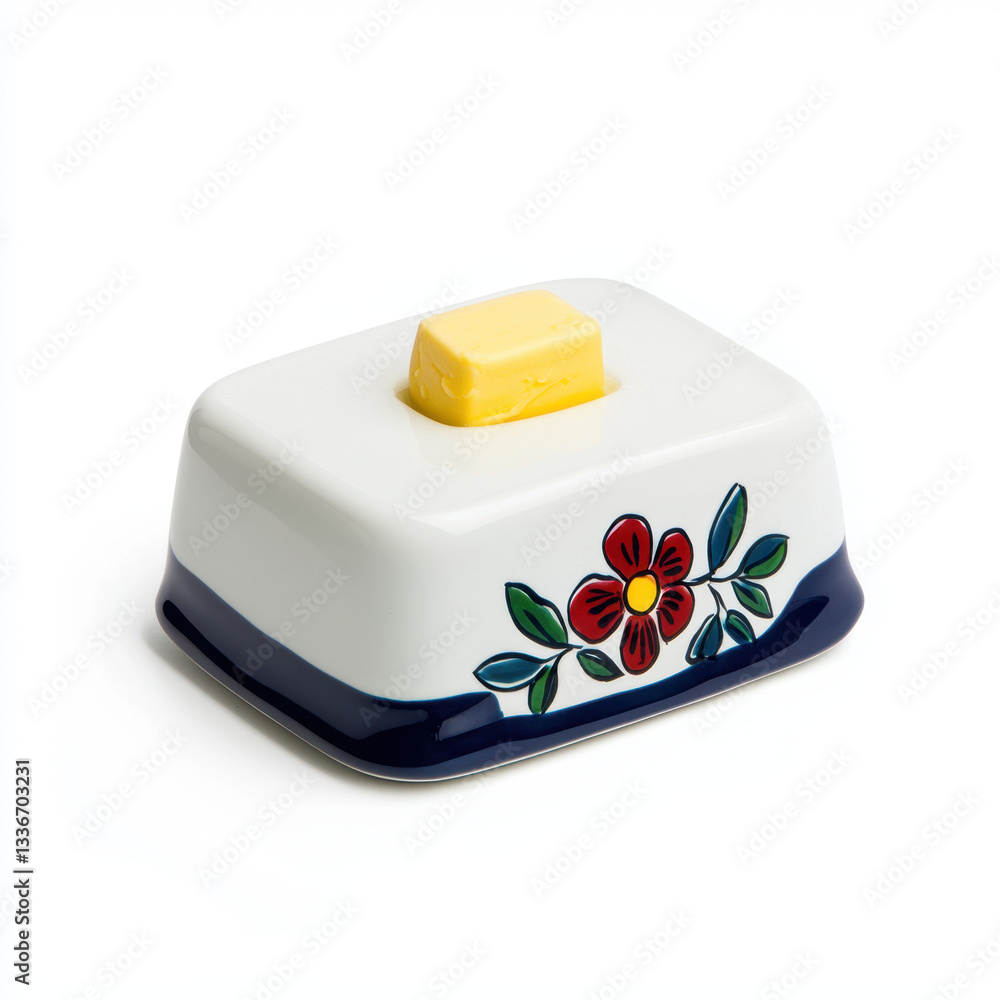 Poster an elegant butter dish captured in a realistic photography style with ample copy space for textual c