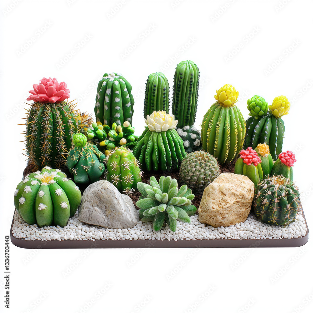 Poster an array of diverse cactus plants displaying varied shapes, sizes, and textures in a lush garden set