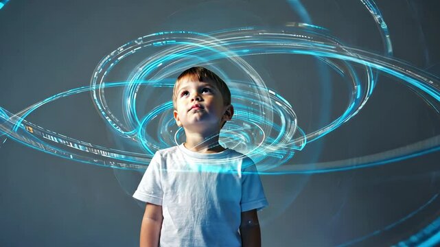 Portrait of a child in a white t-shirt with a digital code overlay.