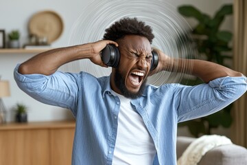 A man enjoying music while wearing headphones, expressing intense emotions