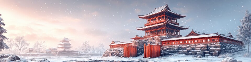 Fototapeta premium Stunning Japanese Winter Landscape with Traditional Pagoda and Snow-Covered Trees at Sunrise - Discover the Beauty of Historical Japanese Architecture and Scenic Views