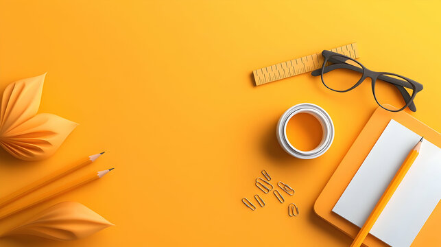 Vibrant Yellow Workspace with Stationery and Origami