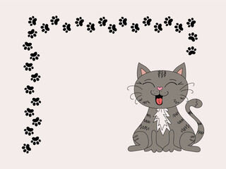  Frame, border. Pet, kitten. Cartoon funny cat, footprints, paw prints. Place for text, postcard design, information banner. Funny laughing cat. Vector doodle illustration, isolated background.