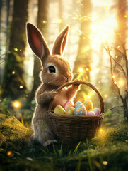 Easter bunny holding a basket full of glowing Easter eggs