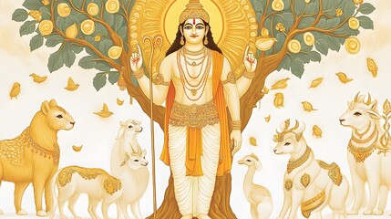 Naklejka premium Lord Dattatreya standing under a sacred tree, his three faces representing Brahma, Vishnu, and Shiva, surrounded by divine animals