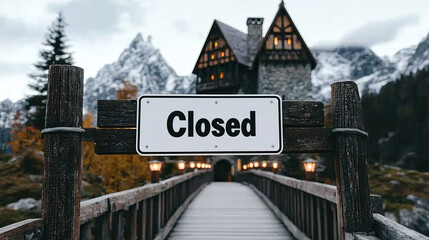 Obraz premium Closed sign on castle drawbridge, surrounded by mountains and autumn foliage, evokes sense of mystery and solitude
