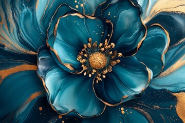 Close-up of a teal flower with gold accents.  Intricate swirling details