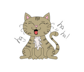 Funny cat. Pet. Cartoon kitten. Hand lettering, phrases. Funny laughing cat. Postcard design. Vector doodle illustration, isolated background.