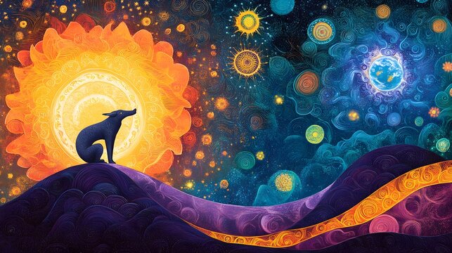 Lord Varaha, the boar avatar of Vishnu, lifting the Earth goddess Bhudevi from the cosmic ocean, the universe swirling behind him