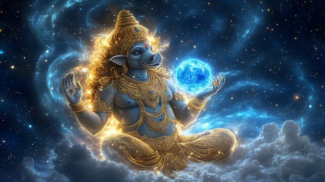 Lord Varaha, the boar avatar of Vishnu, lifting the Earth goddess Bhudevi from the cosmic ocean, the universe swirling behind him