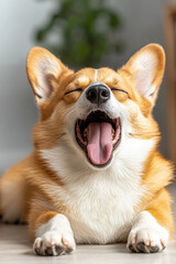 Corgi yawning with joyful expression, showcasing its playful nature and fluffy fur. This adorable dog exudes happiness and