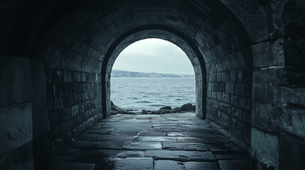 Obraz premium Stone archway provides stunning view of sea beyond in cloudy weather along the coast
