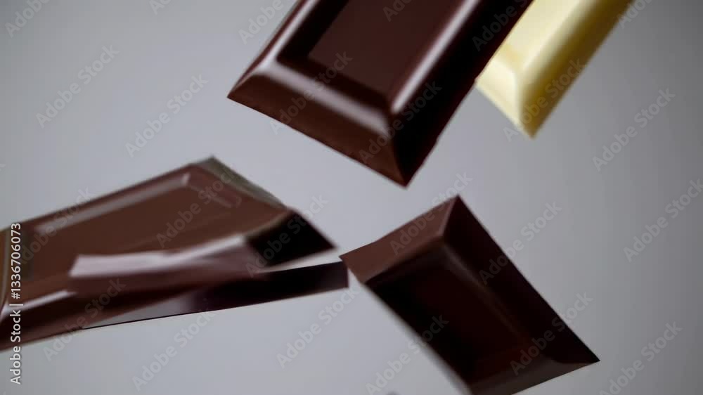 Poster exploring the art of chocolate making with dark and white chocolate squares