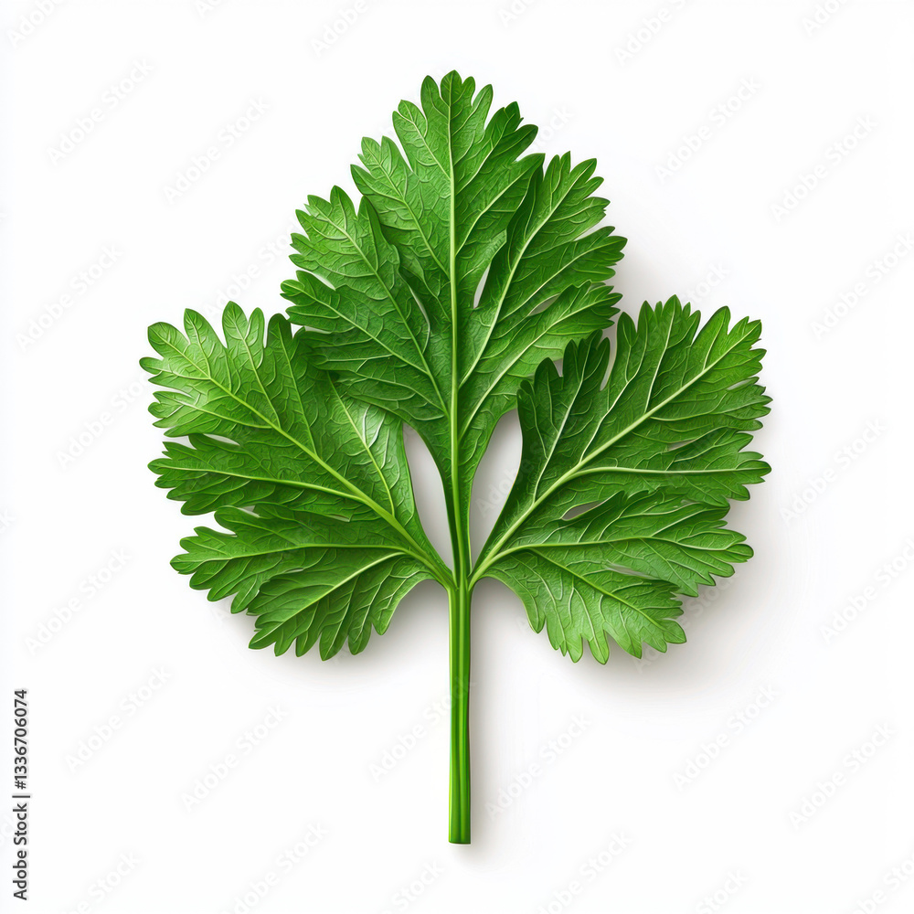 Poster fresh green leaf of cilantro showcasing its natural texture and color on a clean surface with plenty