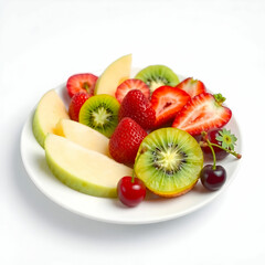 Sliced apples kiwi strawberries and cherries lies served