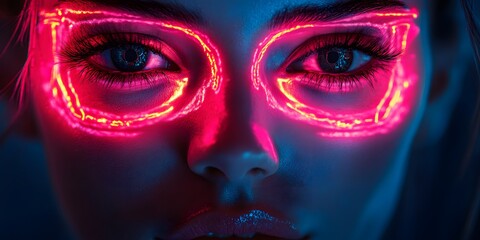 Enigmatic Gaze: A close-up shot unveils a woman's captivating eyes, framed by the vibrant, electric glow of neon light outlining her glasses