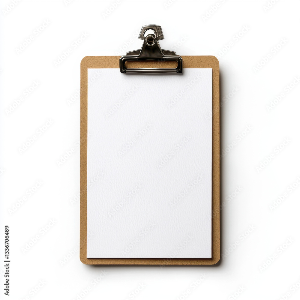 Poster a clipboard holding a blank piece of paper resting on a table with ample copy space surrounding it f