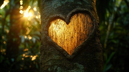 Obraz premium Heart-shaped cavity in tree trunk, bathed in golden sunlight