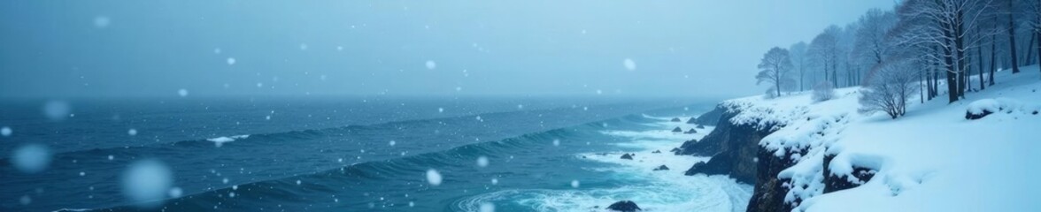 Snowflakes gently fall on the Black Sea coast, snow, landscape, fog