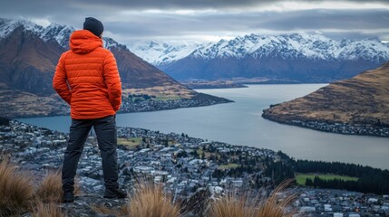 Fototapeta premium Majestic Mountain View: A Solo Adventurer's Panorama