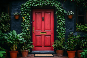 Fototapeta premium Vibrant red door surrounded by lush greenery and potted plants in a charming urban setting